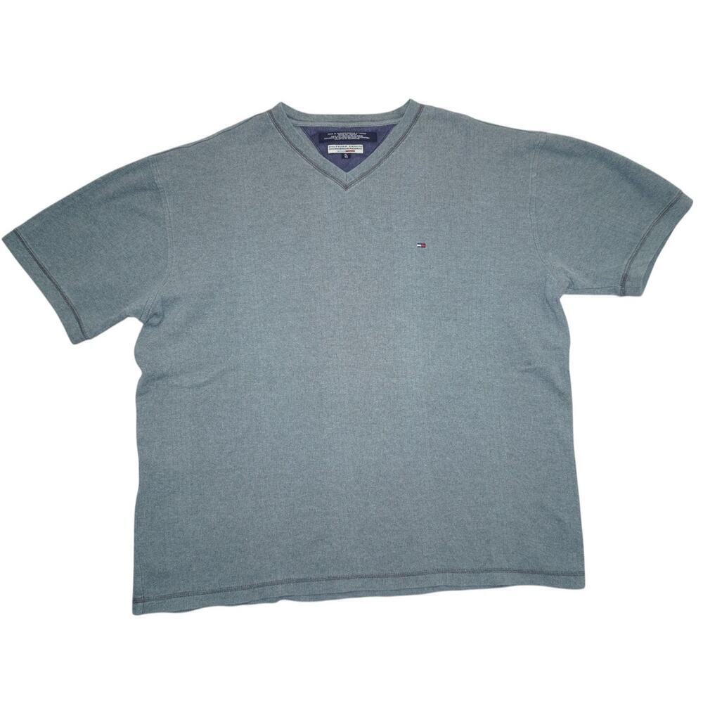 Vintage Tommy Hilfiger V-Neck T-Shirt Gray Short Sleeve Logo Tee Men’s Size XL